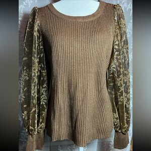 NWT Cato Plus Size 22/24 Metallic Ribbed Top Sheer Floral Sleeves Gold